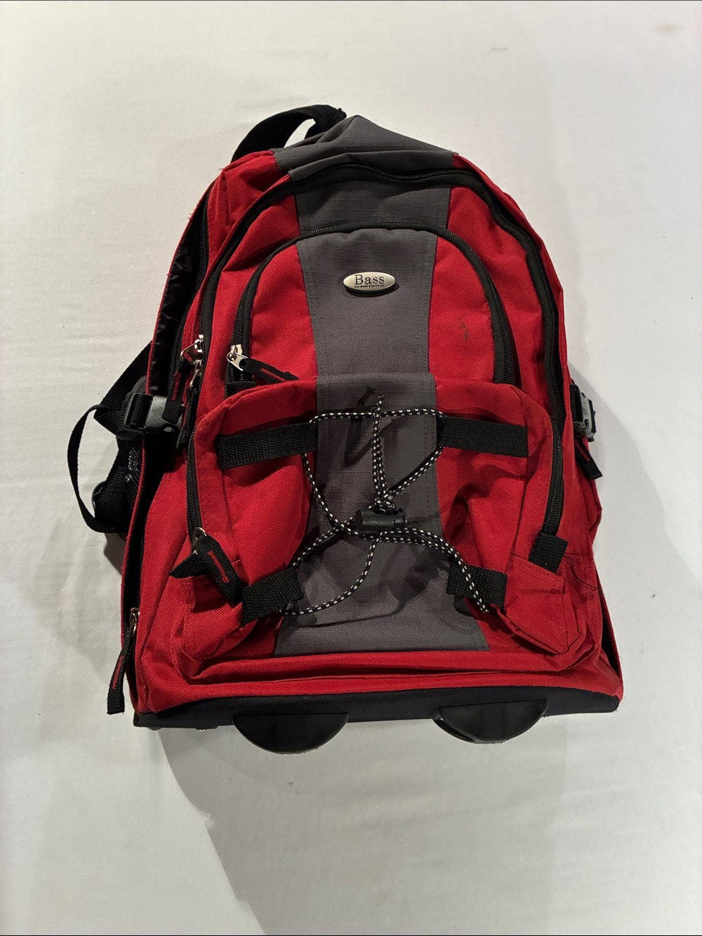 Bass Red and Gray Outdoor Men’s Backpack with Bungee Front